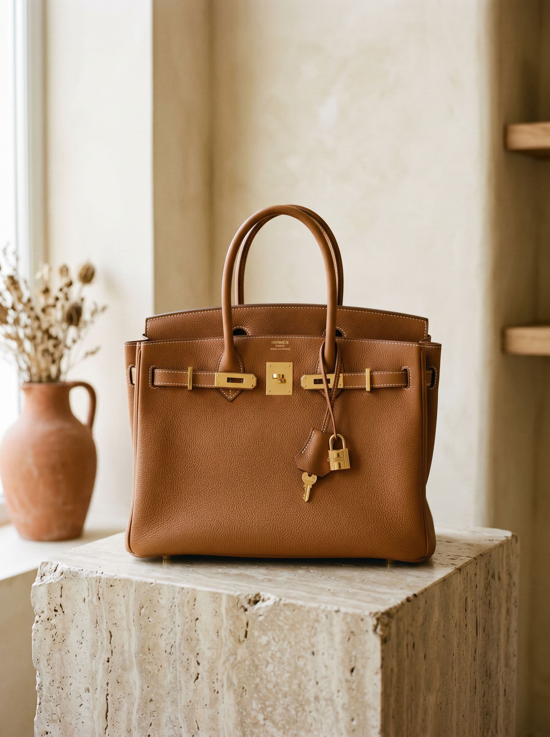Structured leather handbag in warm light, close on the pebbled grain and stitching.
