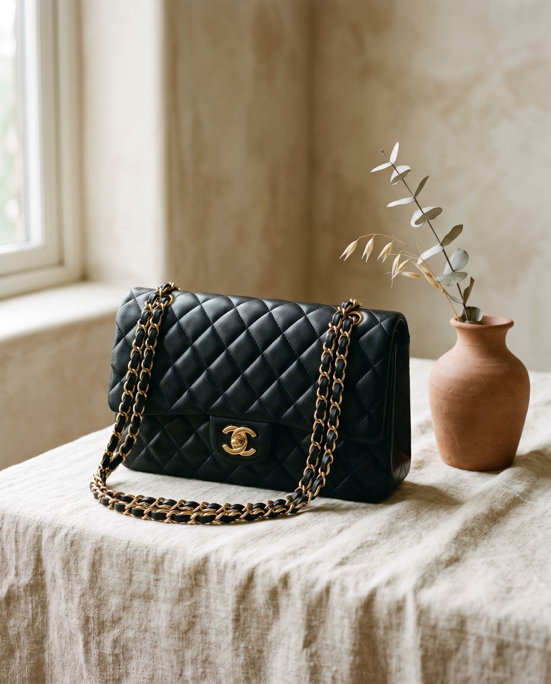 A quilted flap bag judged authentic.